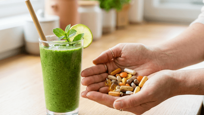 Hands holding natural supplements and vitamins next to a green smoothie