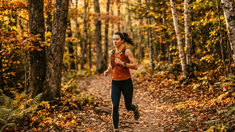 Fit person running on a scenic forest trail at golden hour with autumn leaves